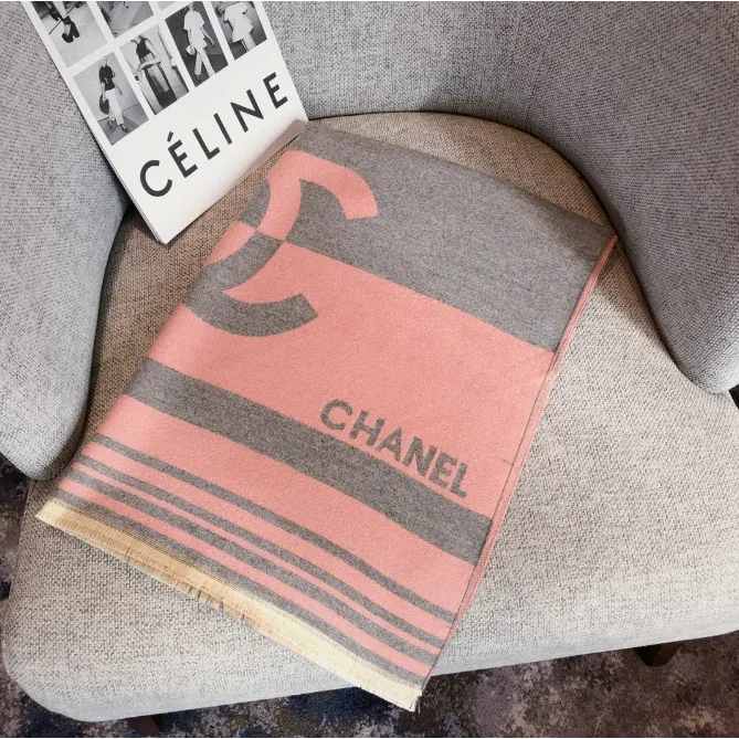 Chanel Chanel Pink and Gray Striped Logo Scarf Multicolor