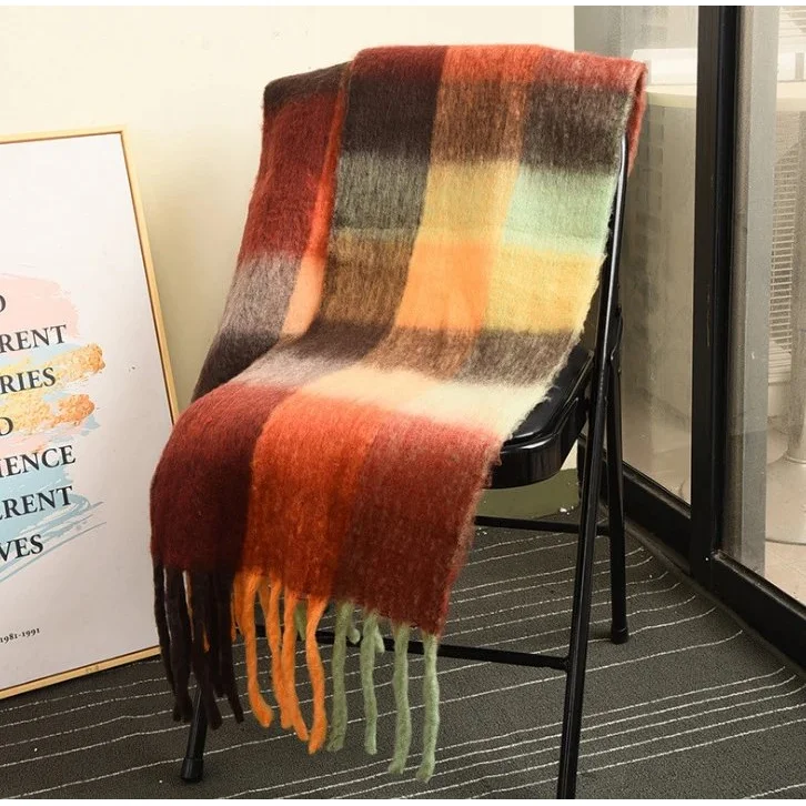 Other Plaid Fringe Scarf Coffee Brown Accessory Brown