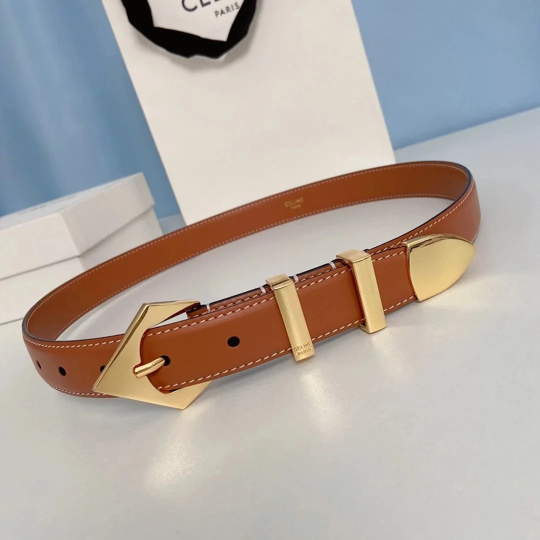 Celine Celine Tan Leather Belt with Gold Buckle Brown - 1