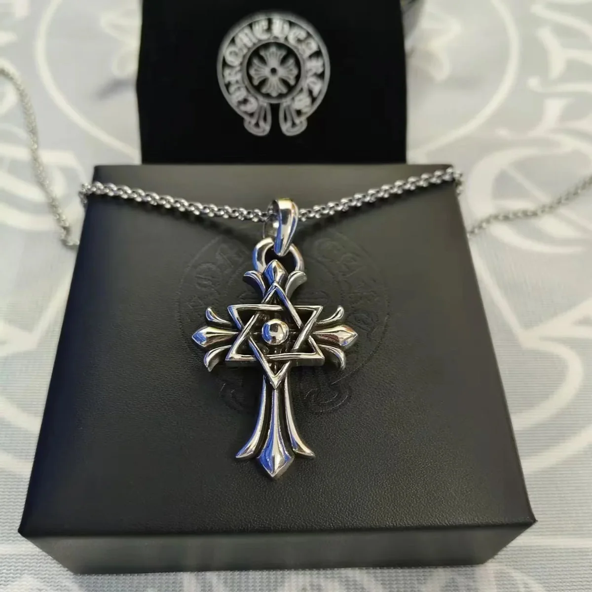 Chrome Hearts Chrome Hearts CH Cross Star of David Cross with Pearl Chain Necklace Silver