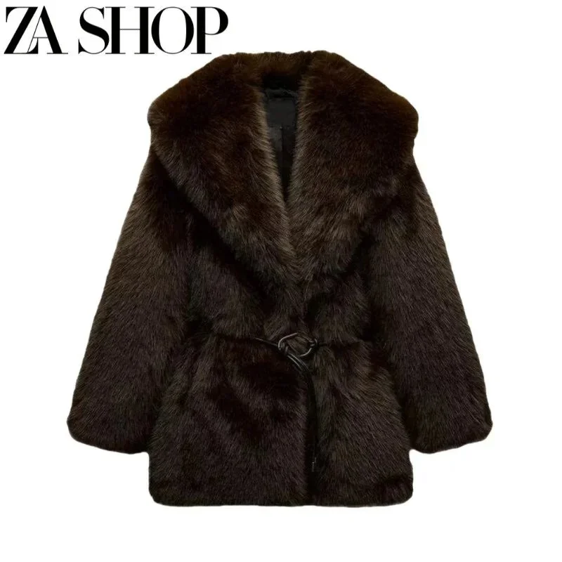 Other Dark Brown Faux Fur Coat with Belted Waist Brown - 1