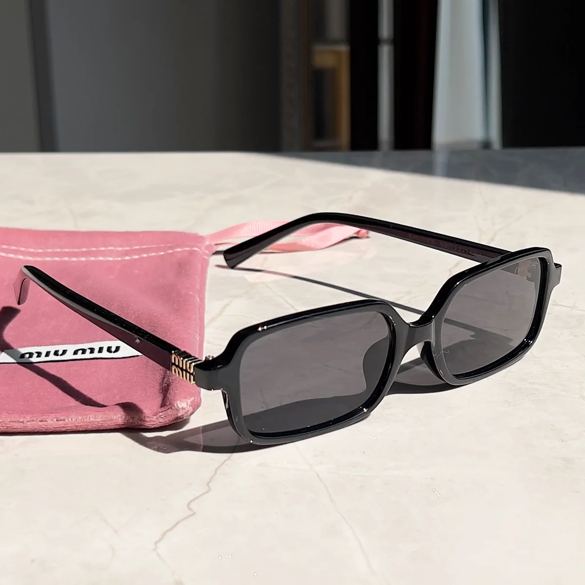 Miu Miu Miu Miu Black Rectangle Sunglasses with Pink Pouch Black - 1