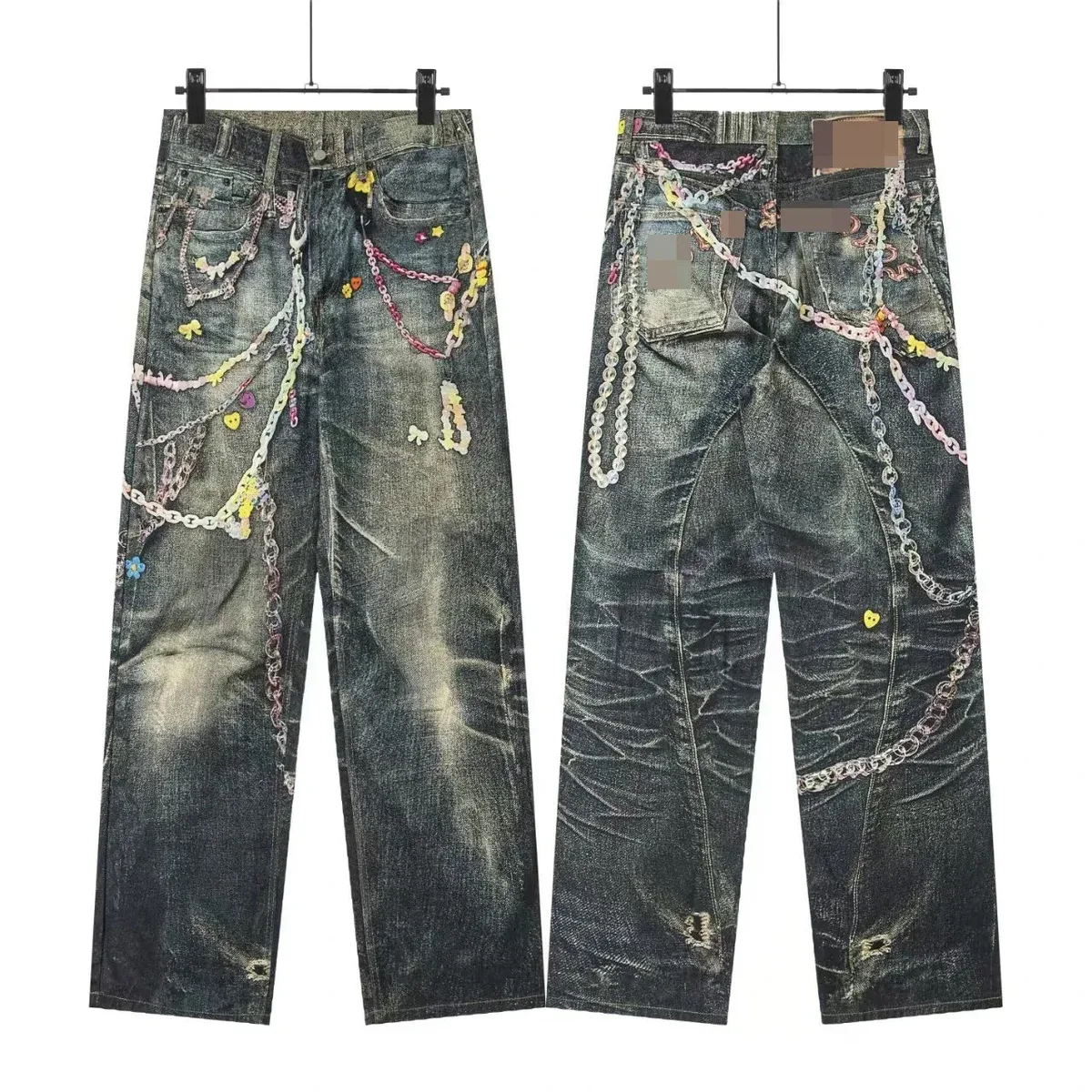 Denim Tears Denim Tears Multicolor Chain Embellished Jeans Blue - 1