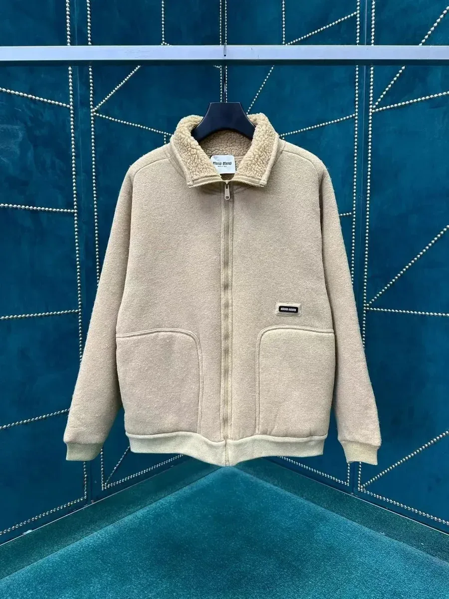 Miu Miu Miu Miu Beige Sherpa-Lined Zip-Up Jacket Beige
