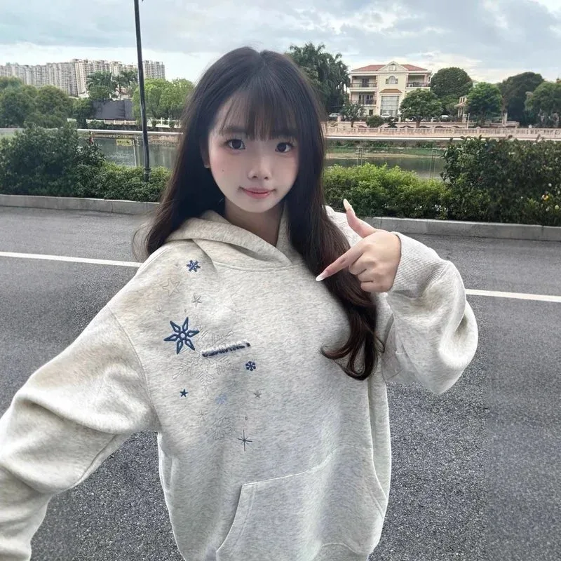 Other Unisex White Grey Embroidered Hoodie Grey - 1
