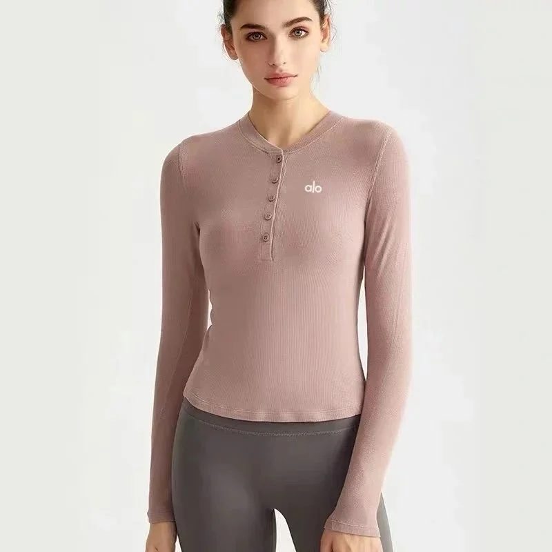 Alo Yoga Alo Henley Button-Up Long Sleeve Top in Twilight Rose Pink - 1