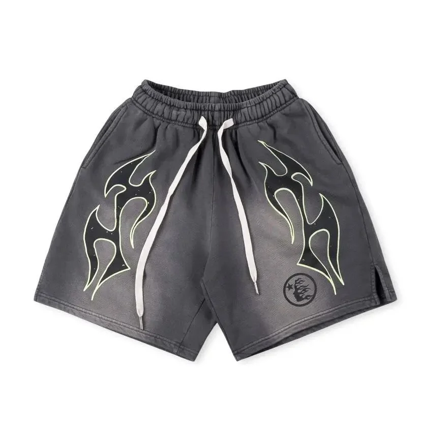 Other Unisex Washed Black Flame Print Shorts Black - 1