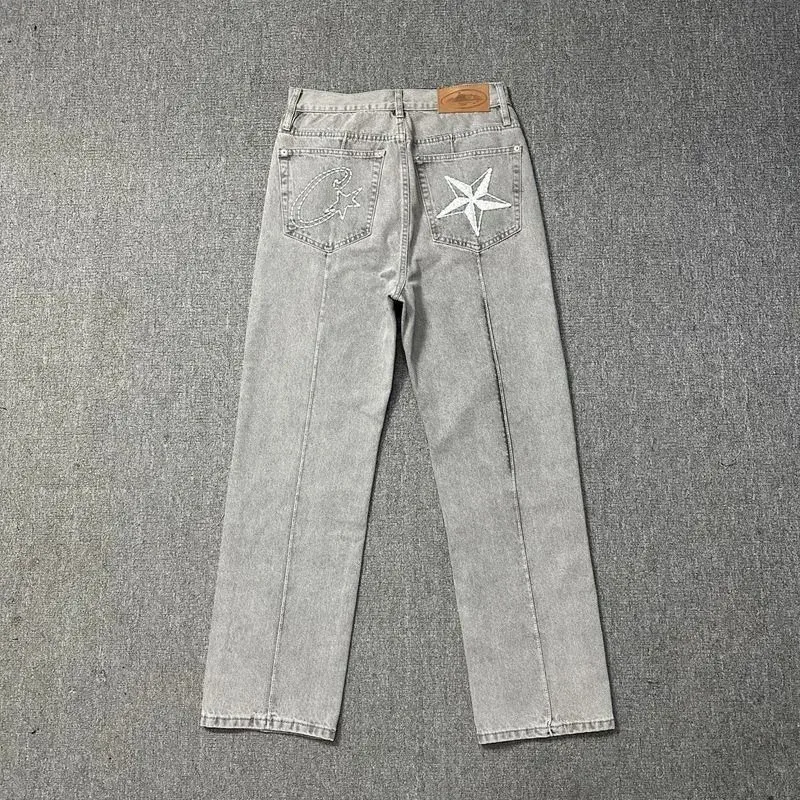 Other Unisex Grey Star Embroidery Jeans Grey - 1