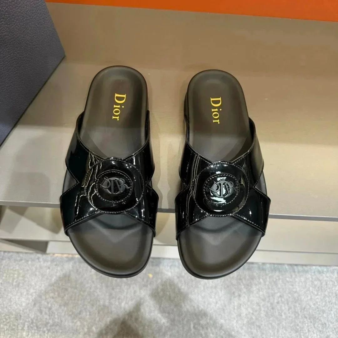 Dior Dior Black Patent Slide Sandals Black