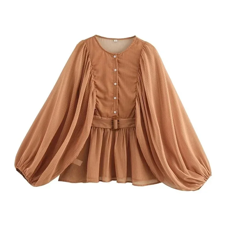 Other Chocolate Brown Striped Blouse with Belted Waist Brown - 1