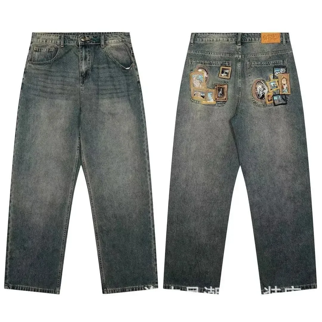 Other Unisex Dark Blue Art Patch Jeans Blue - 1