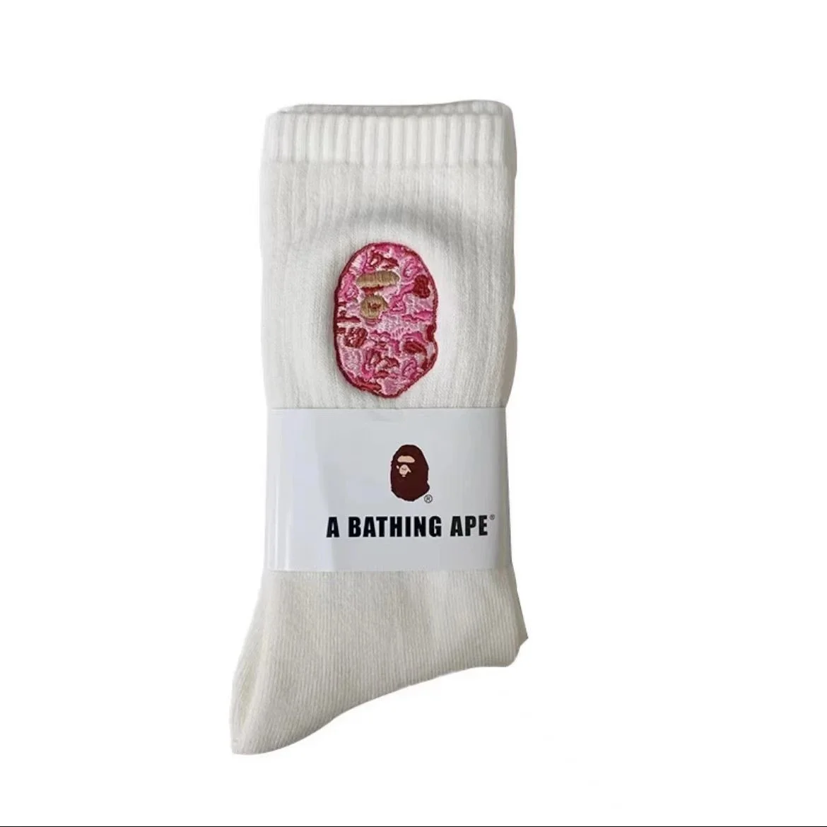 A Bathing Ape White Pink BA Logo Crew Socks