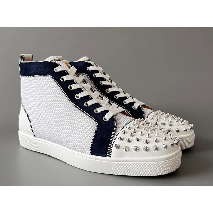 Christian Louboutin Christian Louboutin Pigalle White/Navy Spiked High-Top Sneakers White