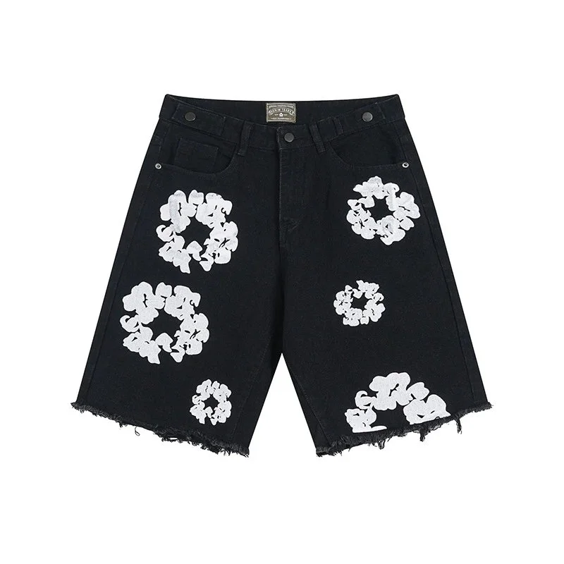 Other Unisex Black Denim Shorts with White Floral Appliqué Black - 1