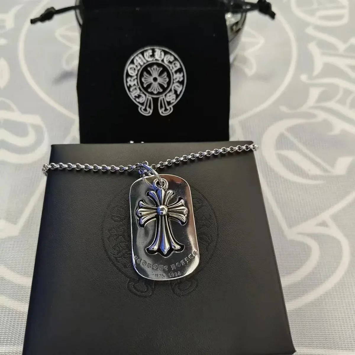 Chrome Hearts Chrome Hearts CH Cross Square Plate Hollow Cross with Pearl Chain Necklace Silver