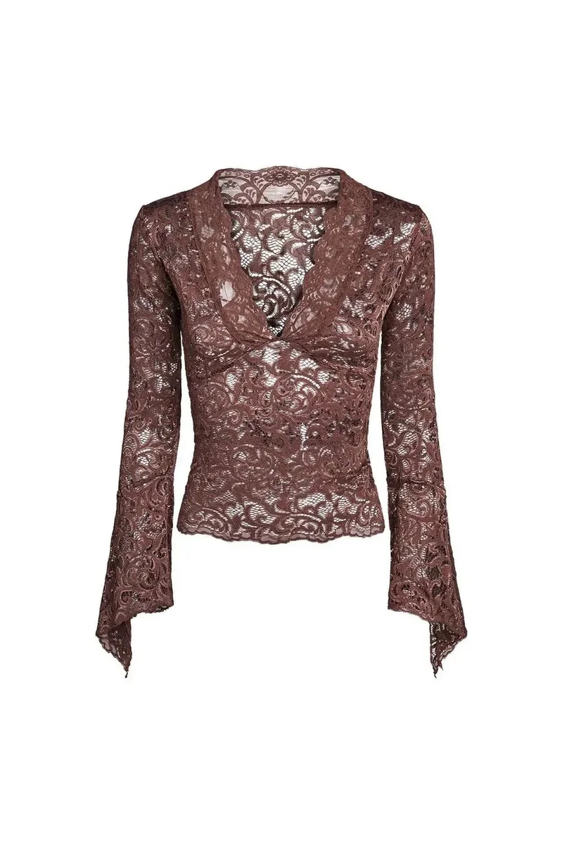 Other Brown Lace V-Neck Top Casual Brown - 1