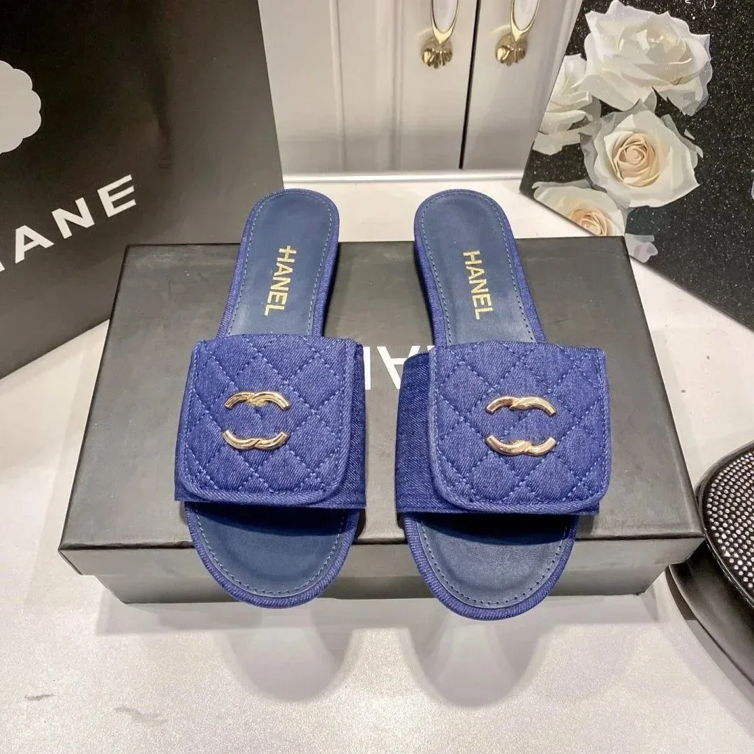 Chanel Chanel Blue CC Logo Denim Slippers Blue