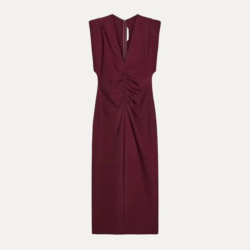 Other Elegant酒红色V-neck Ruched Dress Red - 1