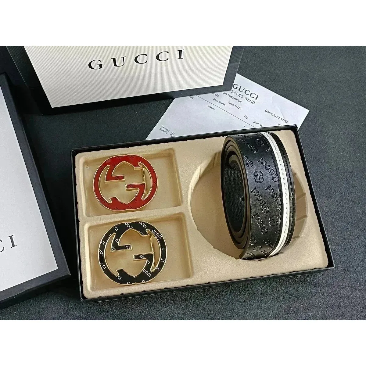 Gucci Gucci Black & White Leather Belt with GG Buckle Black - 1