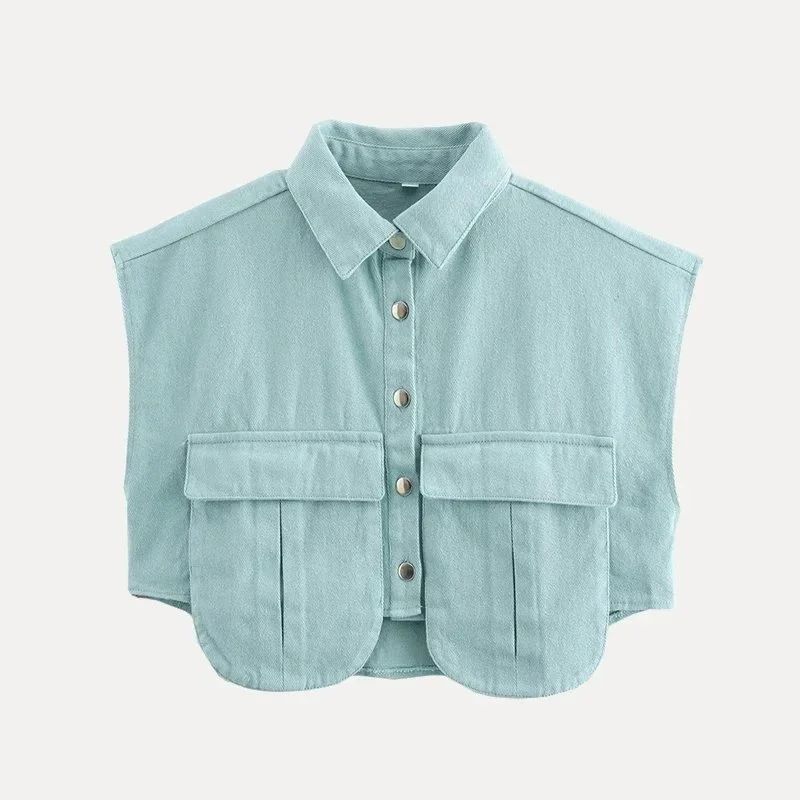 Other Unisex Lake Blue Denim Crop Top with Pockets Blue - 1