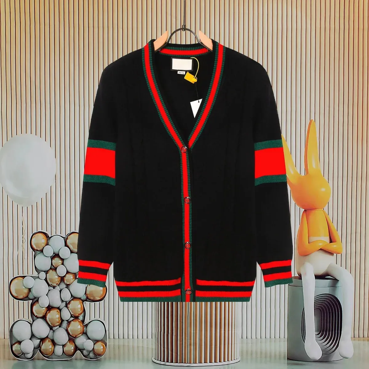 Gucci Gucci Tennis Club 10 Cable Knit V-Neck Black Red Cardigan Black