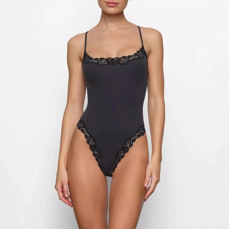 Other Black Lace Trim One-Piece Swimsuit Black - 1