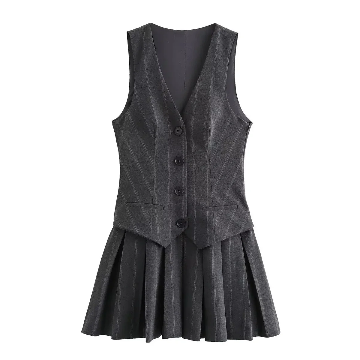 Other Striped V-neck Pleated Skirt Set Coal Grey Dress Grey - 1