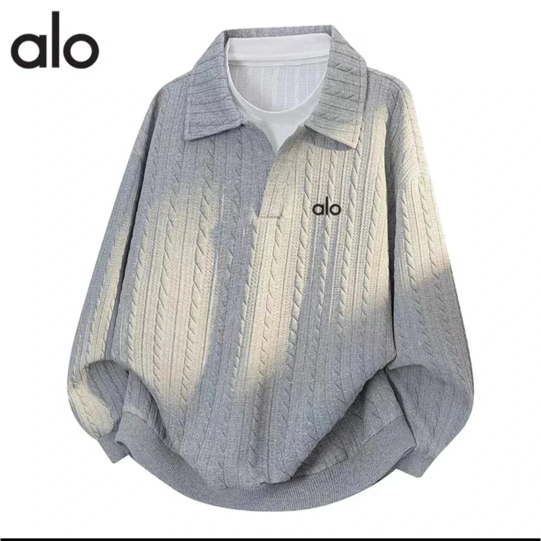 Alo Yoga Alo Cable Knit Polo Sweatshirt Grey Grey - 1
