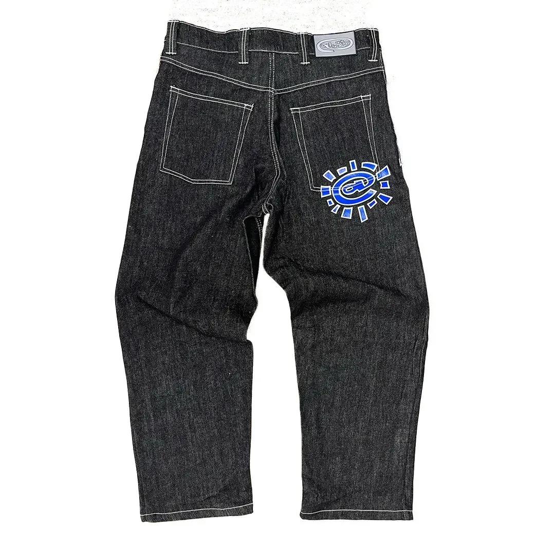 Other Unisex Dark Denim Jeans with Blue Graphic Patch Black - 1