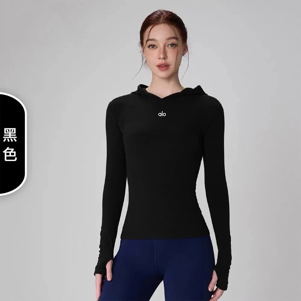 Alo Yoga Alo Black Long Sleeve Hoodie Top Black - 1
