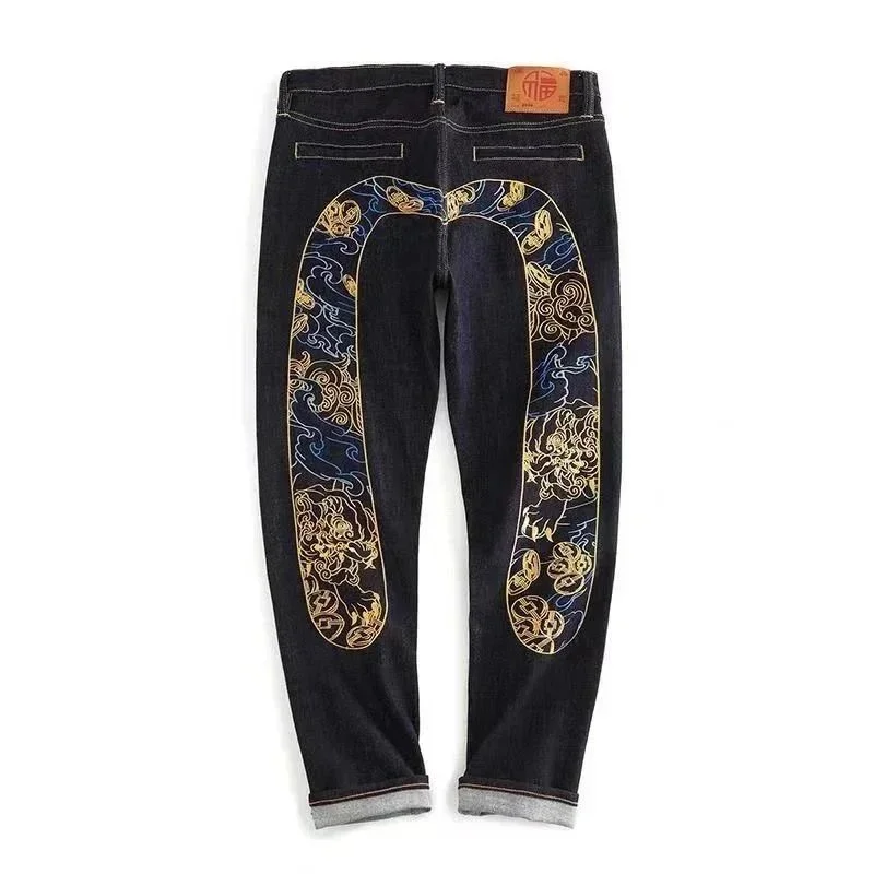 Other Custom Jeans with Dragon Embroidery Denim Pants Navy - 1