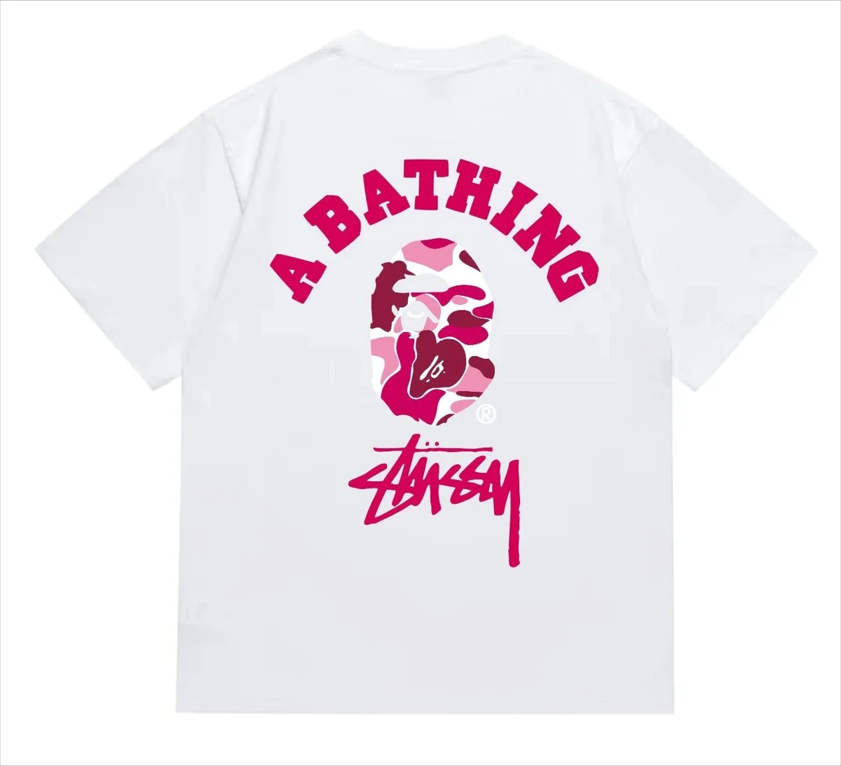A Bathing Ape A Bathing Ape BAPE STA Stussy Pink Camo T-Shirt White - 1