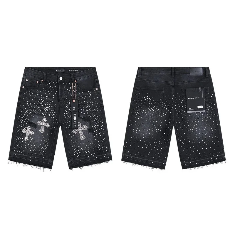 Purple Brand Purple Brand P001 Black Cross Embellished Jeans Shorts Black - 1