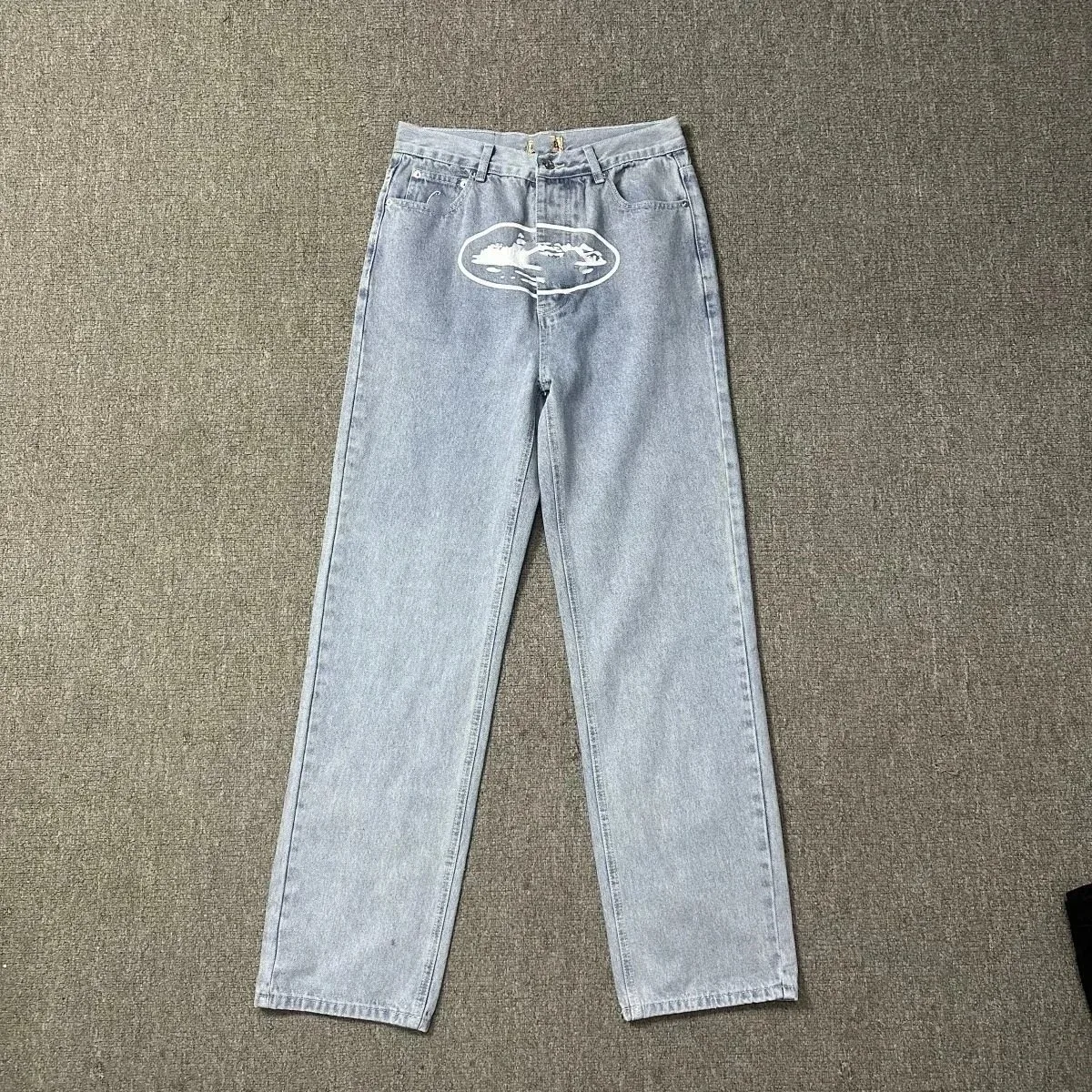 Other Light Wash Denim Jeans with White Graphic Print Blue - 1