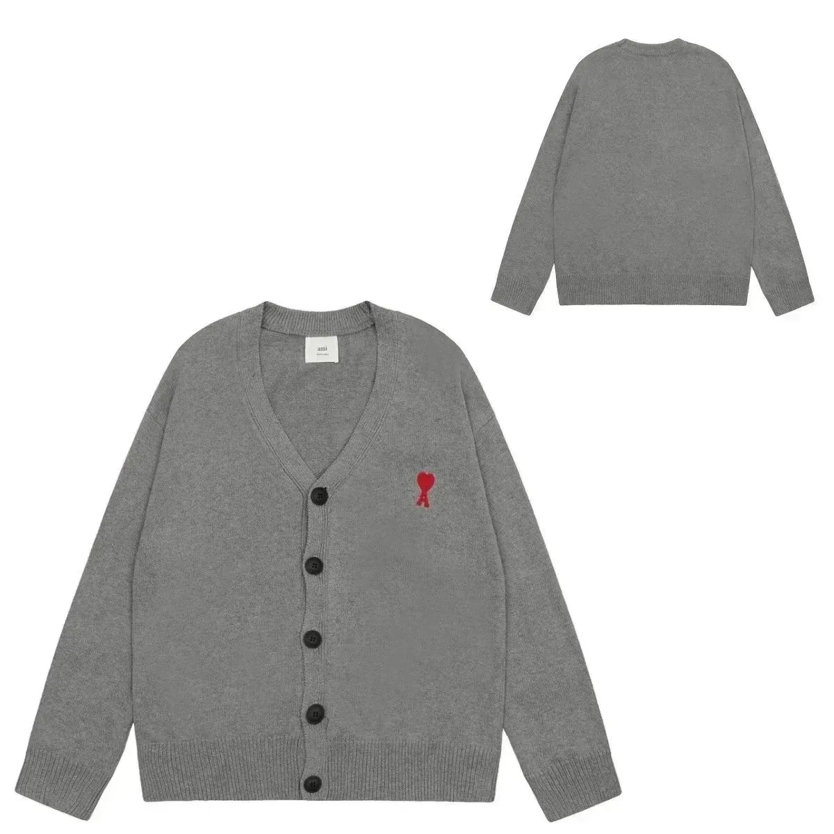 Ami Paris Ami AI-16 Grey Cardigan with Red Heart Logo Grey - 1