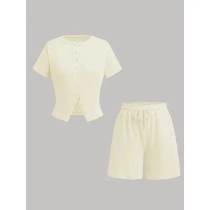 Other Co-ord Set in Cream Casual Top and Shorts Cream - 1