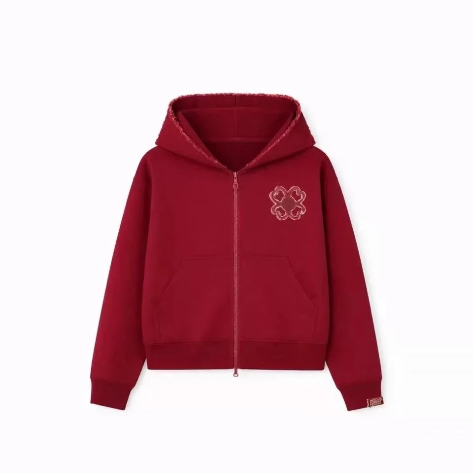Other Red Hoodie with Embroidered Flower Zip-Up Red - 1