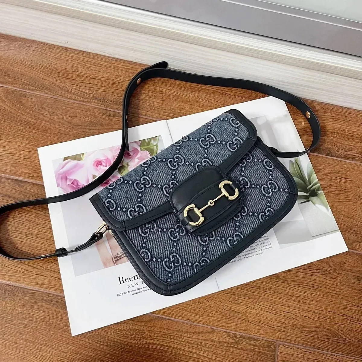 Gucci Gucci GG Marmont Horsebit Denim Crossbody Bag Blue - 1
