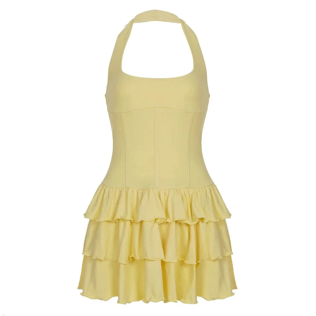 Other Lemon Yellow Ruffle Halter Dress Yellow