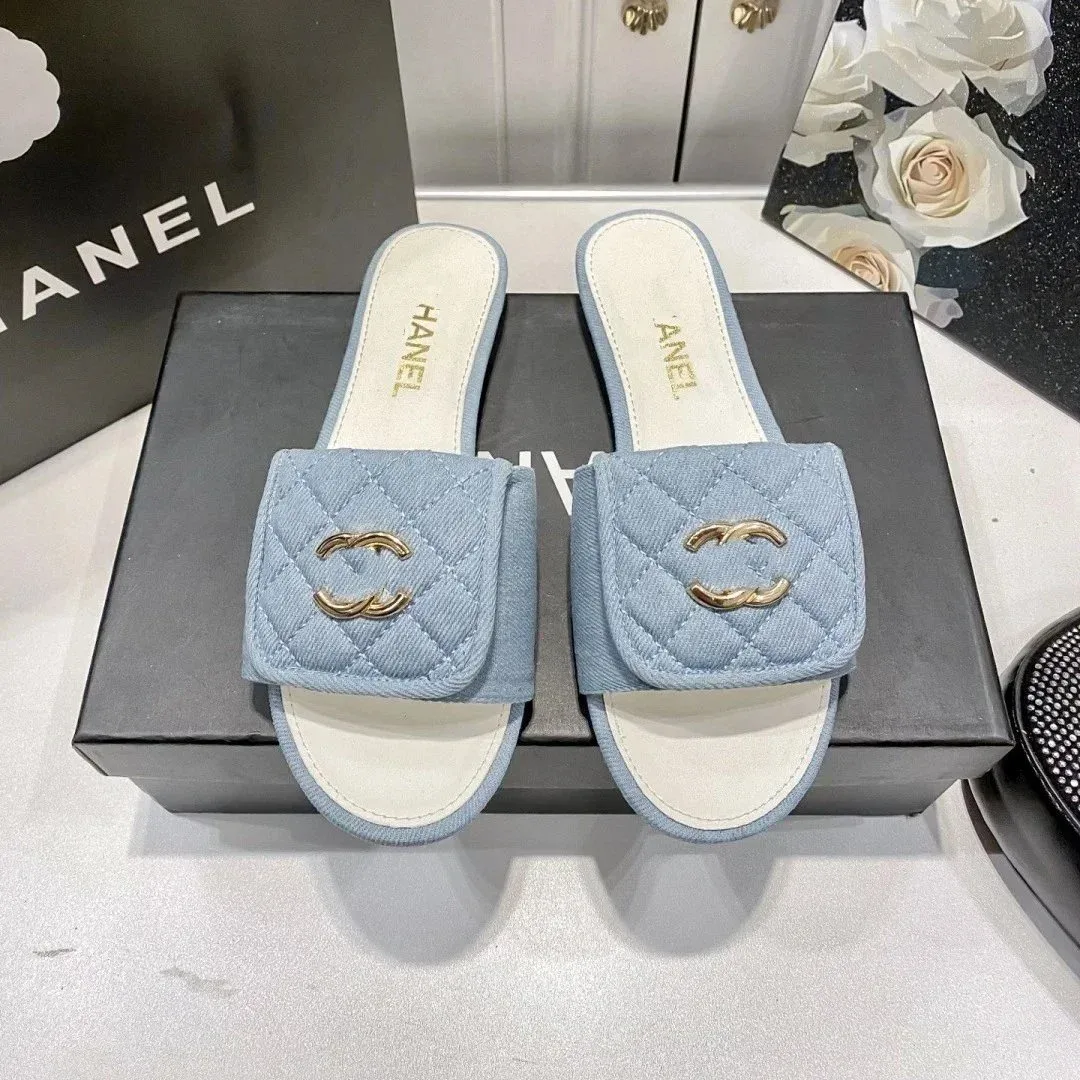 Chanel Chanel Denim CC Logo Slippers Light Blue Blue