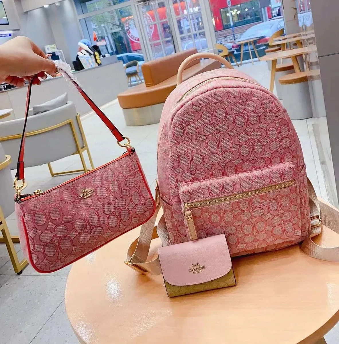 Coach Coach Signature Pink Backpack Set with Pouch & Wallet Pink - 1