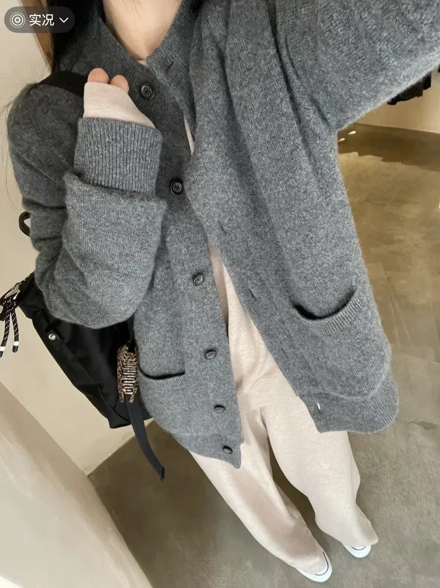 Other Unisex Grey Knit Cardigan Sweater Grey - 1
