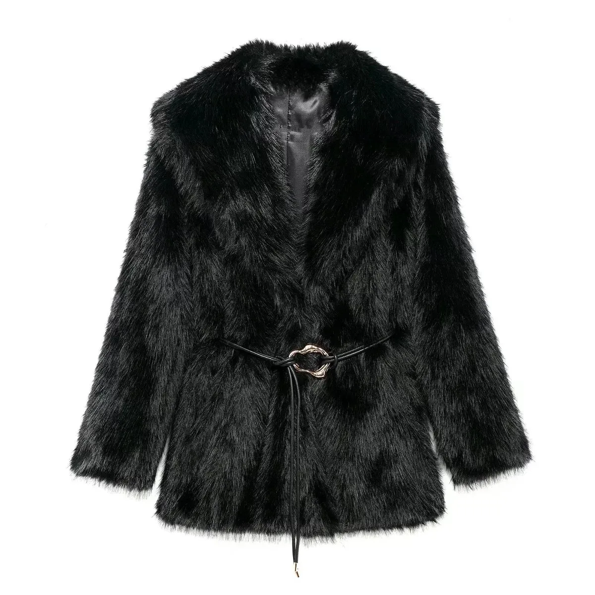 Other Black Faux Fur Belted Coat Black - 1