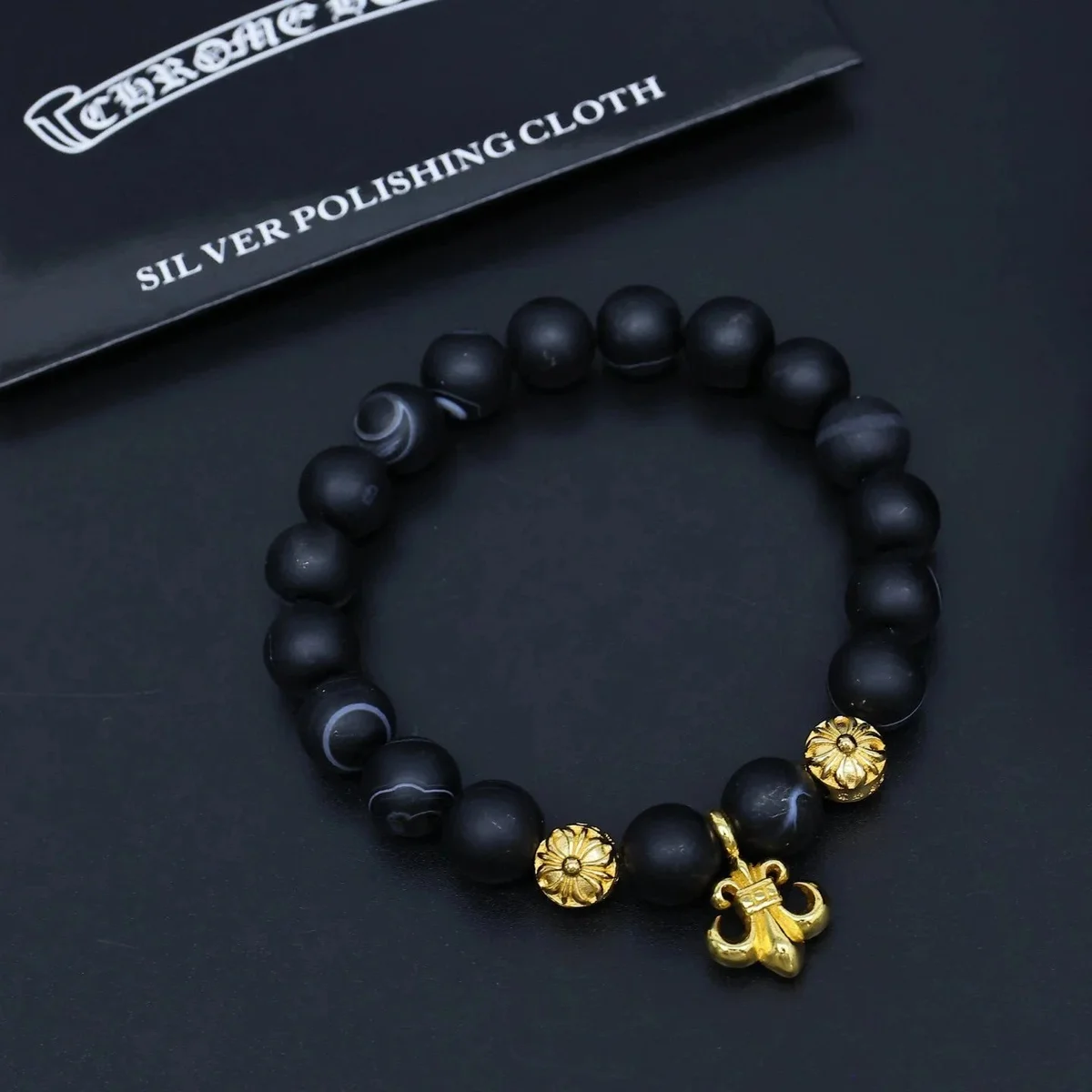 Chrome Hearts Chrome Hearts Black Agate & Gold Cross Bead Bracelet Black - 1