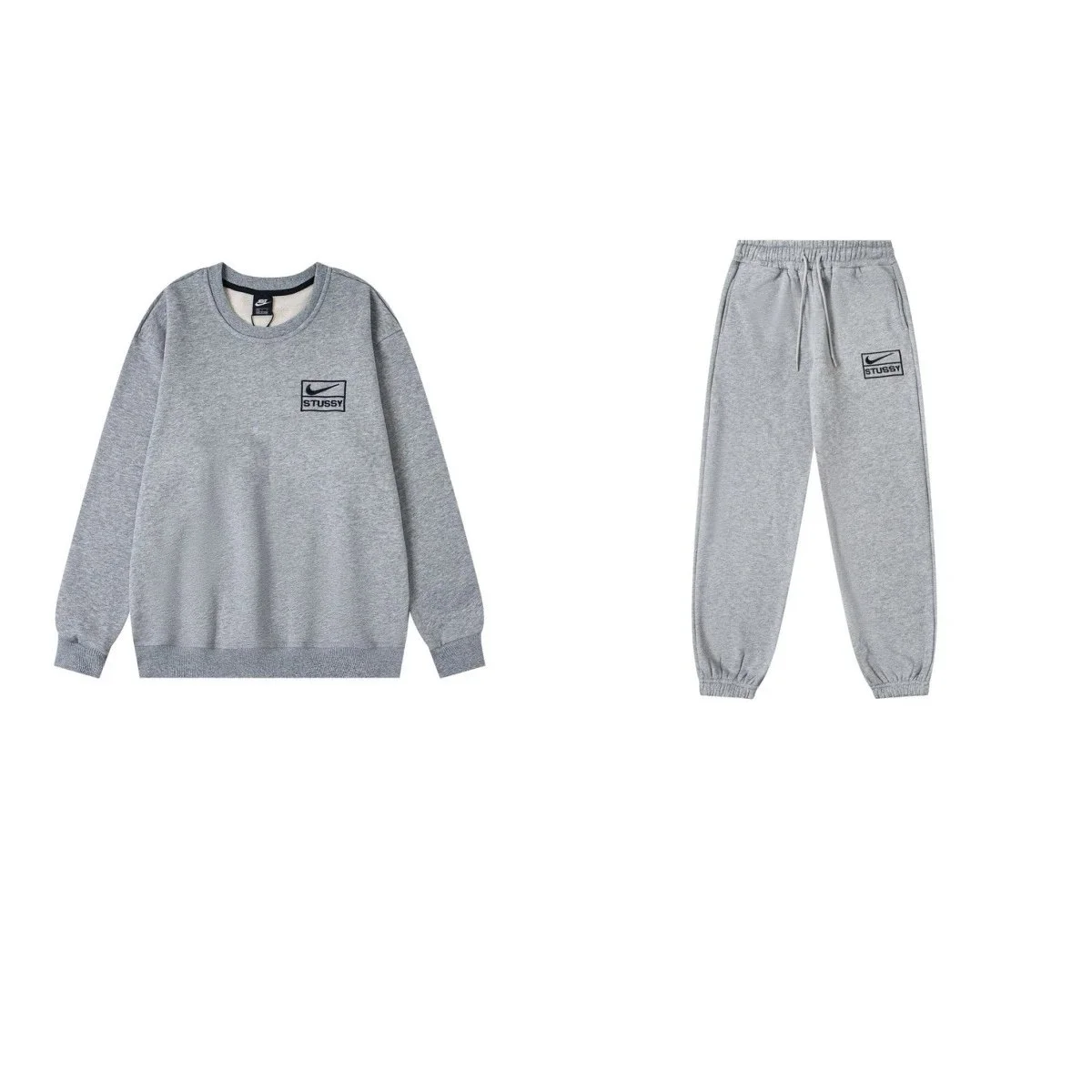 Stussy Stussy Basic Logo Nike Collab 8904 Grey Embroidered Fleece Tracksuit Set Grey