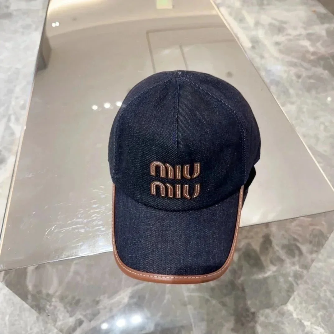 Miu Miu Miu Miu Denim Blue/Brown Leather Baseball Cap Blue
