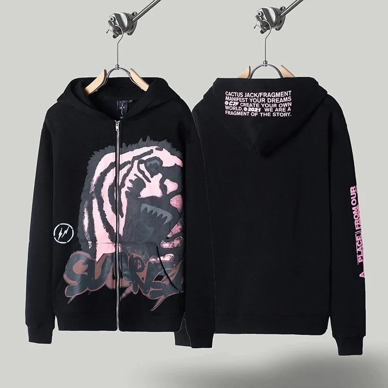 Travis Scott Travis Scott Cactus Jack Tiger Print Zip-Up Hoodie TS02 Black