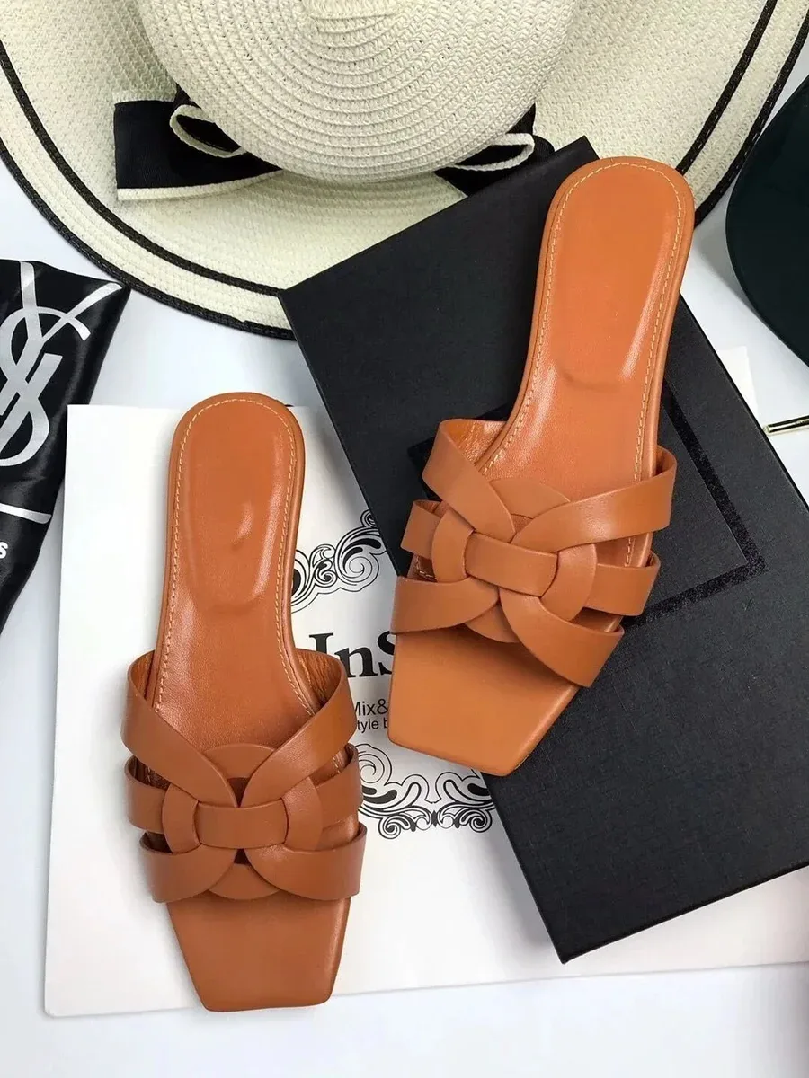 Saint Laurent Saint Laurent YSL Leather Mules Camel Sandals Brown - 1