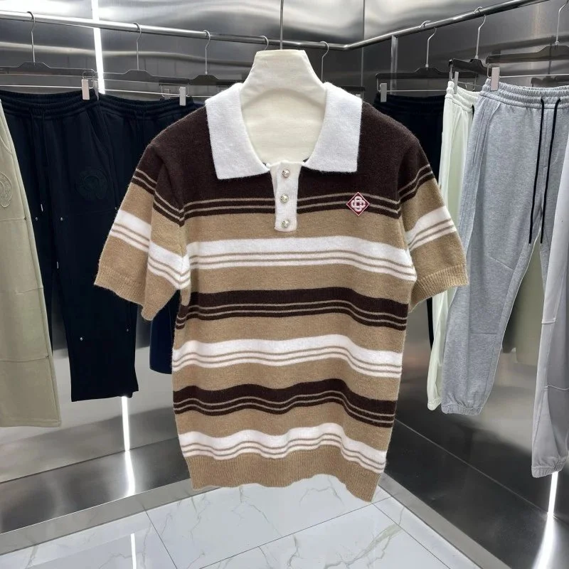 Other Striped Knit Polo Shirt Beige/Brown Casual Top Beige - 1