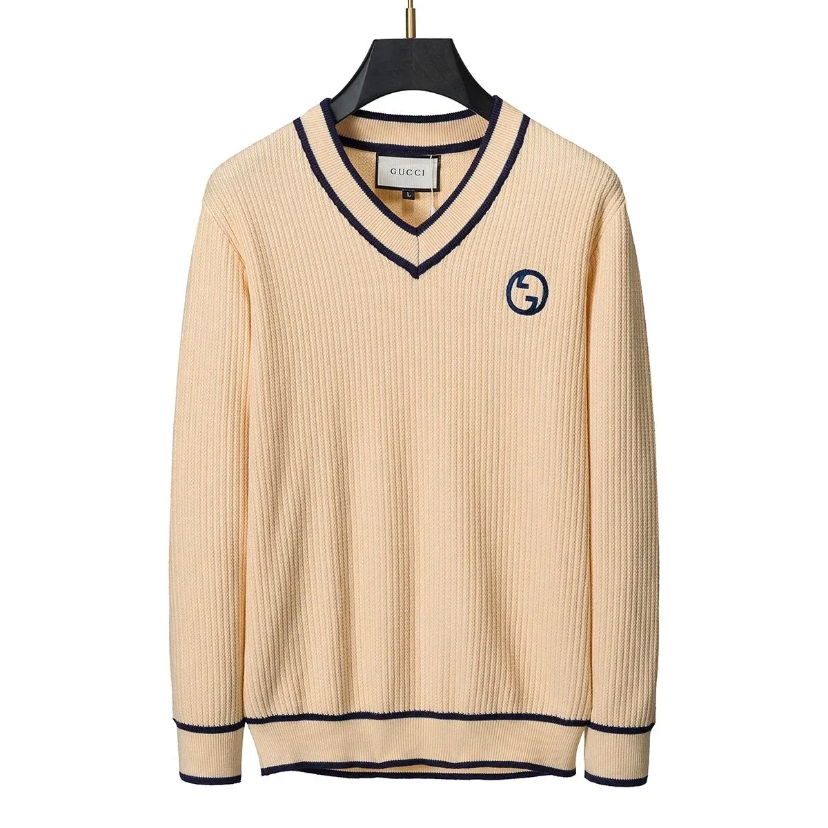 Gucci Gucci Beige V-Neck Knit Sweater with Navy Trim Beige - 1